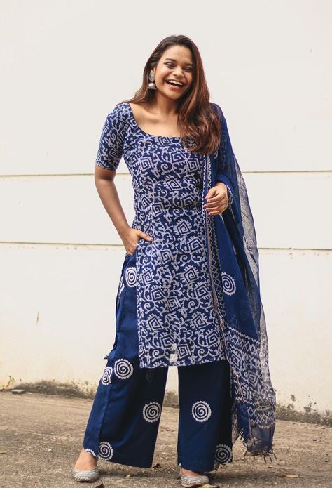 Ethnic wear salwar suits Cotton Salwar Suit Stitching Ideas, Indigo Kurti Designs Latest, Simple Indian Suits Cotton, Cotton Bandhani Dress Pattern, Suit Designs Indian Style Latest Cotton, Cotton Suits Design Latest, Suit Designs Indian Style Latest, Palazzo Outfits, Salwar Design