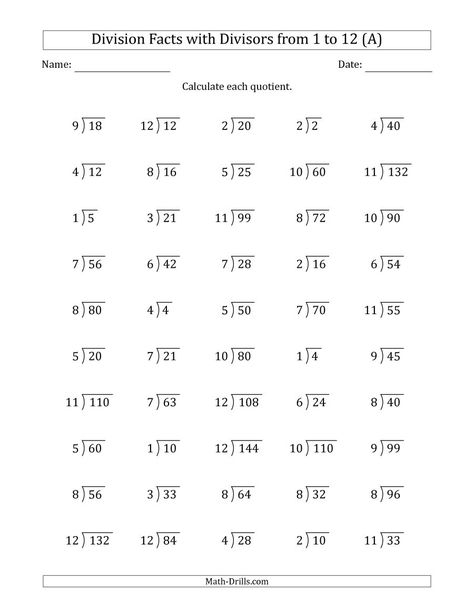 The Division Facts with Divisors and Quotients from 1 to 12 with Long Division Symbol (A) Math Worksheet from the Division Worksheets Page at Math-Drills.com. Short Division Worksheets, Division Facts Worksheets, Short Division, Math Division Worksheets, Long Division Worksheets, Math Fact Worksheets, Division Practice, Math Drills, 4th Grade Math Worksheets