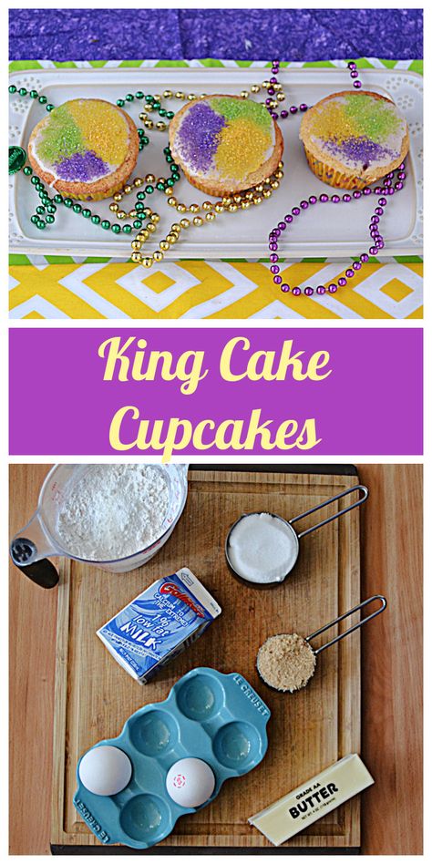 Get ready for Mardi Gras with these amazing (and easy to make) King Cake Cupcakes! #mardigras #kingcake #cupcakes | Cupcake Recipes | King Cake Recipes | Mardi Gras Recipes | King Cake Cupcakes Mardi Gras Recipes, Gorgeous Cupcakes, Kings Cake Cupcakes, King Cake Recipe, Powdered Sugar Glaze, Yellow Cupcakes, Mardi Gras Food, Cupcake Images, Cupcake Bakery