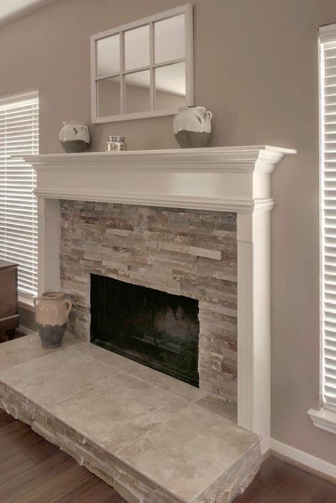 Half Fireplace Ideas, Corner Fireplace With Hearth And Mantle, Full Stone Fireplace, Half Wall Fireplace Ideas, Above Mantle Wall Decor, Half Stone Fireplace With Mantle, Fireplace Frame Ideas, Half Fireplace Wall, Half Wall Fireplace