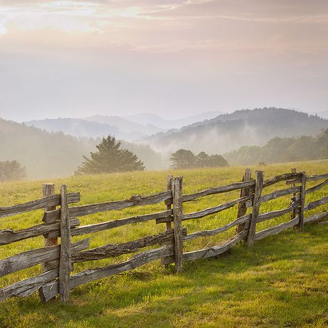 Fence line at dawn along the Blue Ridge Parkway. #blueridegeparkway #fence #smokeymountains #fog Fence Reference, Ridge Drawing, Freedom Pictures, Farm Scenery, Healthcare Art, Field Fence, Country Fences, Picket Fences, Country Photography