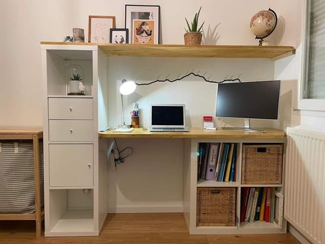 Ikea Desk Hack Kids, Ikea Bureau Hack, Kallax Desk Hack, Ikea Kids Desk, Kallax Desk, Kallax Kids Room, Office Organisation, Productive Work, Big Girl Bedrooms