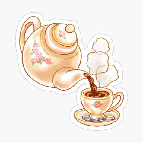 Tea Cup Sticker, Tea Stickers Aesthetic, Tea Stickers Printable, Tea Pot Drawing, Tea Cup Illustration, English Stickers, Tea Cup Drawing, English Tea Time, Tea Time Illustration