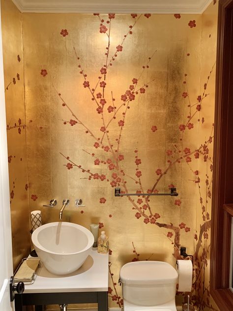 Gold Leaf Mural Wall, Gold Bathroom Wallpaper, Bar Millwork, Alcove Bar, Gold Leaf Wallpaper, Gold Textured Wallpaper, Gold Leaf Wall, Gold Room, Millwork Details