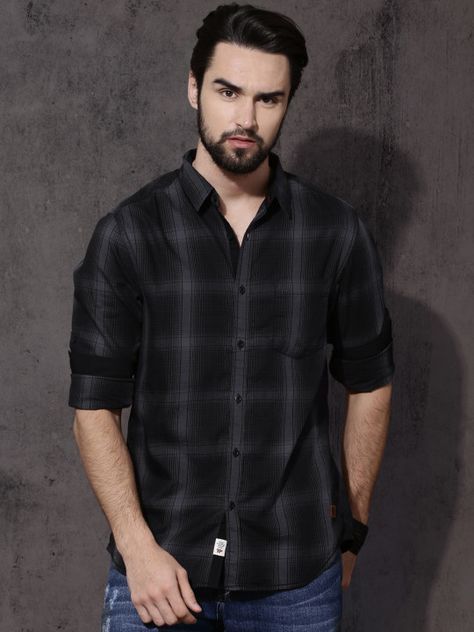 Roadster Men Black & Grey Regular Fit Checked Casual Shirt - | 649 Black Tshirt Outfit Men Casual, Tshirt Outfit Men Casual, Black Tshirt Outfit Men, Tshirt Outfit Men, Black Tshirt Outfit, Male Shirt, Groom Photoshoot, Mens Fashion Wedding, Gk Knowledge