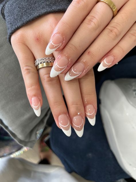 Almond Shape French Tip With Design, Nail Art Almond Shape French Tips, Almond Shape French Tip Design, Almond French Tip With Gold Line, Double Layer French Tip Nails, Almond Nails Double French Tip, French Nails Double Line, Double French Tip Nails Almond, Double Lined French Tip