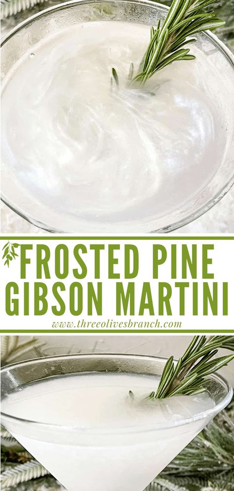 Frosted Pine Gibson Martini is a perfect winter Christmas cocktail recipe. Made with gin and earthy flavors, this drink is great for a party. Use white luster dust for the swirly, white snow effect. Gibson Martini, White Christmas Party, Christmas Martini, White Drinks, Bar Cocktails, Snow Effect, Gin Drinks, Luster Dust, Christmas Cocktail