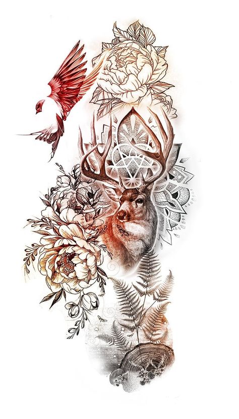 Hirsch Tattoo Frau, Unique Half Sleeve Tattoos, Hirsch Tattoo, Cowgirl Tattoos, Country Tattoos, Western Tattoos, Deer Tattoo, Tattoos For Women Half Sleeve, Inspiration Tattoo