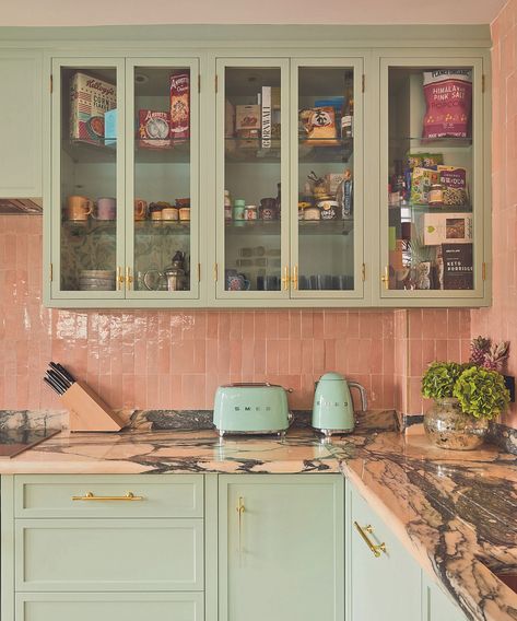 Tile trends 2024: designers pick top looks for the year ahead | Homes & Gardens Pastel Tiles Kitchen, Blush Tiles Kitchen, Pink Glass Tiles Kitchen, Green Kitchen Cabinets Pink Tiles, Pink Patterned Kitchen Tiles, Funky Kitchen, Creepy Decor, Condo Kitchen, Tile Trends