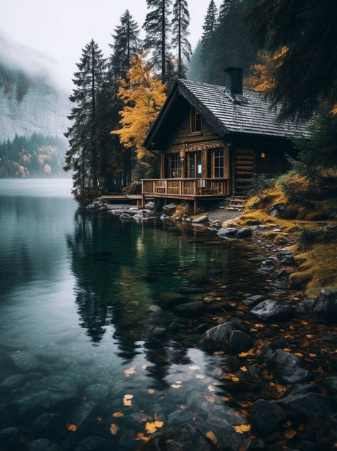 Emerald waters gently caress the wooden foundations of a sustainable Swiss cabin, symbolizing a peaceful retreat and mindful living. Swiss Cabin, Planet Diy, Little Cabin In The Woods, Cabin In The Mountains, Lakeside Cabin, Forest Cabin, Beautiful Cabins, Flower Garden Design, Cabin Living