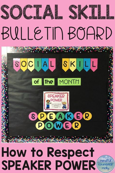 This bulletin board features the important social skill of respecting speaker power. A person who has speaker power is allowed to speak in the classroom. Use this bulletin board to recognize student as part of your character education program! #socialskills #charactereducation Respect Bulletin Boards, Behavior Bulletin Boards, School Counselor Bulletin Boards, Counselor Bulletin Boards, School Counseling Bulletin Boards, Counseling Bulletin Boards, Group Counseling Activities, Collaboration Station, Middle School Special Education