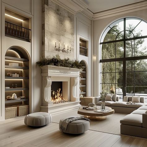 Living Room French Modern, Elegant Living Room With Fireplace, Old Money Fireplace, Luxury Fireplace Living Room, Cozy Fireplace Aesthetic, Parlor Room Ideas, Fireplace Aesthetic, Room Decor Lights, Palace Design