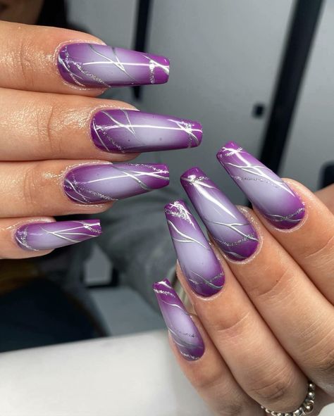 Purple Fade Nails, Purple Fall Nails, Purple Coffin Nails, Coffin Manicure, Fall Nails Designs, Lavender Nail Polish, Cosmic Nails, Dark Purple Nails, Coffin Nail Designs