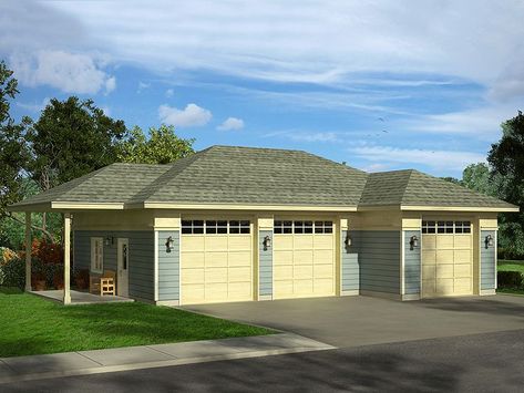 051G-0097:3-Car Garage Plan Offers Boat Storage Hip Roof Garage, 3 Car Garage Plans, Prairie Design, 4 Car Garage, Prairie House, Prairie Style Houses, Boat Storage, Side Porch, Garage Plan