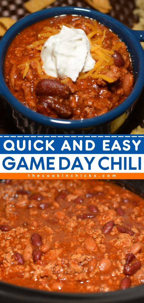 Looking for more game day recipes? Here's the BEST Game Day Chili! It's a classic. Complete with beans, tomatoes, and spices, this beef chili is a crowd-pleaser. It's also an easy comfort food dinner! Slow cooker option included! Game Day Chili Crockpot, Football Sunday Chili, Easy Chili Crockpot Recipes, Chili Recipe For Large Crowd, Savory Chili Recipe Crockpot, Chilie Beans, School Chili Recipe, Crockpot Recipes Chili, Chili For A Crowd Recipe