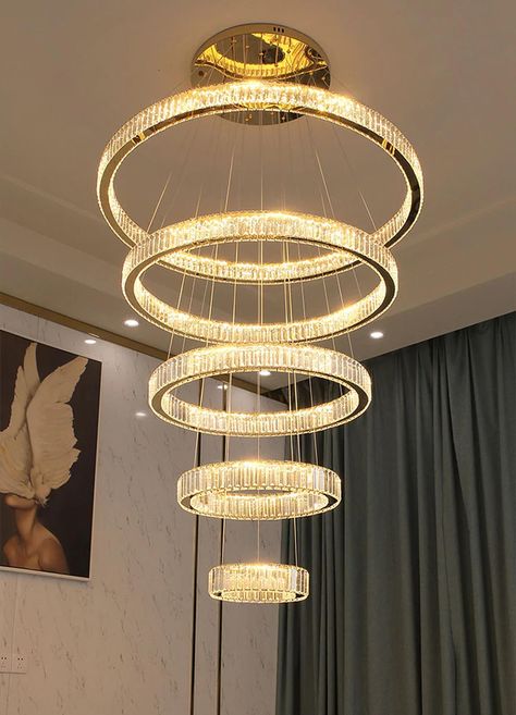 Modern Chandelier High Ceiling, Stair Way, Crystals Rings, Foyer Stairs, Entryway Chandelier, Rings Crystal, Foyer Chandelier, Bedroom Light Fixtures, Front Entryway