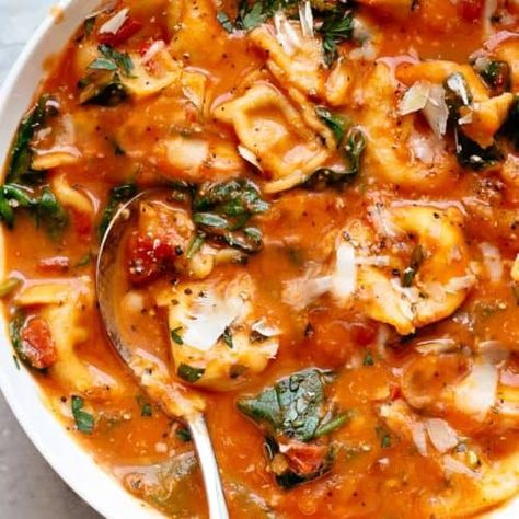 Creamy Tomato Tortellini Soup with Spinach - Cafe Delites Creamy Tomato Tortellini Soup, Creamy Tomato Tortellini, Tomato Tortellini, Creamy Tortellini Soup, Spinach Tortellini Soup, Tomato Tortellini Soup, Spinach Tortellini, Chicken Tortellini, Filled Pasta