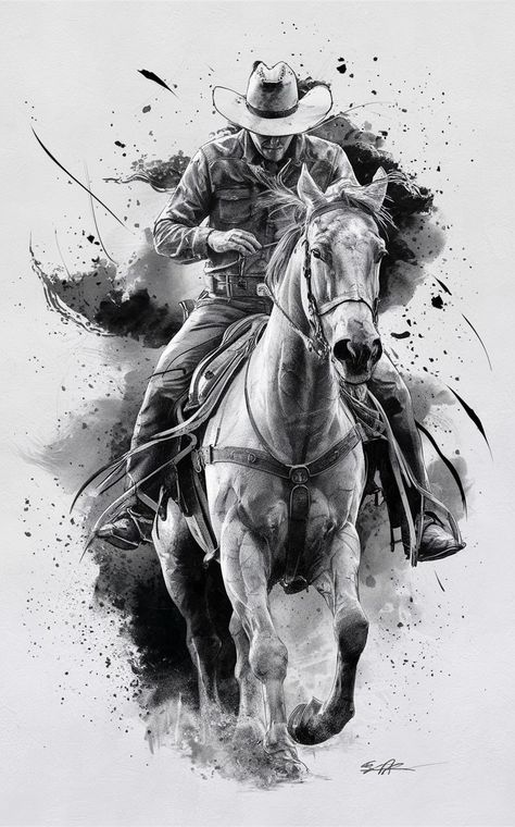 Cowboy Themed Tattoo, Cowboy Riding Horse Drawing, Western Chest Tattoo, How To Draw Horse, Bull Rider Tattoo, Cowboy On Horse Tattoo, Western Tattoo Designs, Drawing A Horse, Cowboy Art Western