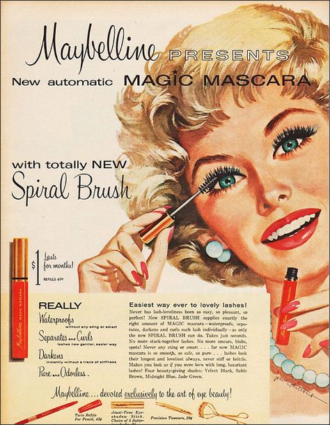 A vintage Maybelline Mascara advert from the 1960s (image: beeskneesdaily.com) 1950s Makeup, Maybelline Cosmetics, Vintage Makeup Ads, Maybelline Mascara, ポップアート ポスター, Makeup Ads, Retro Makeup, Retro Beauty, Beauty Ad