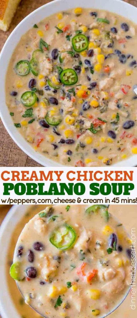 Creamy Chicken Poblano Pepper Soup made with red bell peppers, corn, black beans, roasted poblano peppers and lime finished off with a bit of cream. #poblanosoup #spicyfood #poblano #soup #dinnerthendessert Poblano Pepper Soup, Creamy Chicken Poblano, Chicken Poblano Soup, Poblano Recipes, Chicken Poblano, Poblano Soup, Roasted Poblano Peppers, Poblano Pepper, Roasted Poblano