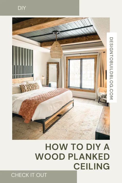 Cover up a popcorn ceiling or update a tray ceiling with a wood planked ceiling. An easy DIY tutorial on how to easily install shiplap (carsiding) to spice up any ceiling in your home. Faux Wood Ceiling Planks, Wood Planked Ceiling, Planked Ceiling, Faux Ceiling Beams, Wood Plank Ceiling, Installing Shiplap, Building A Garage, Plank Ceiling, Faux Wood Beams