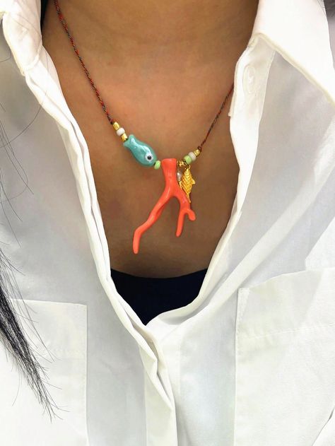 Ocean Style Fish Design Imitation Coral Pendant Necklace With Braided Rope For Women Daily, Travel, Party Jewelry Accessories (Molding Sprue Marks May Exist Due To Imitation Coral Craft, Not Smooth) Multicolor    PMMA     Women Fashion Jewelry, size features are:Bust: ,Length: ,Sleeve Length: Coral Craft, Fish Pendant Necklace, Ocean Style, Ocean Fashion, Coral Pendant, Women Pendant, Braided Rope, Travel Party, Coral Necklace