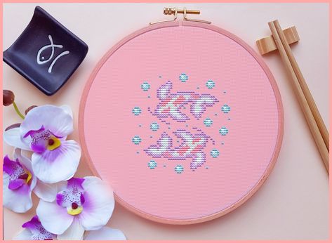 Pisces Cross Stitch, Cross Stitch Anime, Fish Cross Stitch, Stitch Kawaii, Anime Cross Stitch, Stitch Anime, Cross Stitch Cute, Full Background, Kawaii Cross Stitch