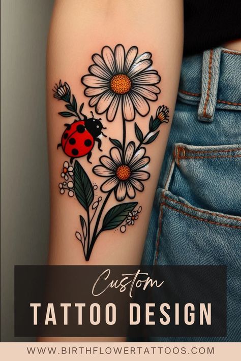 Charming Ladybug and Daisy Flower Tattoo | April Birth Flower Design Daisy Tattoo American Traditional, Old School Daisy Tattoo, Daisy Tattoo Designs Vintage, Traditional Daisy Tattoo, Daisy Tattoos For Women, Daisy Tatoos, April Flower Tattoo, Gerber Daisy Tattoo, Ladybug On Flower