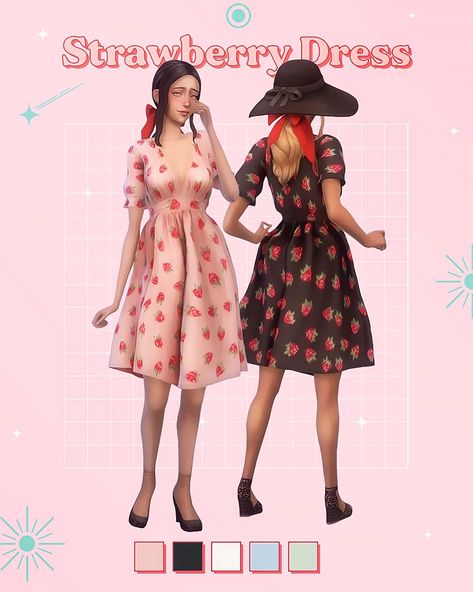 Strawberry dress for The Sims 4 ~ A summer-y midi dress with puffy sleeves and a sparkling strawberry pattern 🍓 It's basegame-compatible, has a custom thumbnail and comes in five colors (´｡• ᵕ •｡`) Teen Dresses, Sims Packs, Dress With Puffy Sleeves, Pelo Sims, Shoes Aesthetic, Free Sims 4, Sims 4 Mm Cc, Strawberry Dress