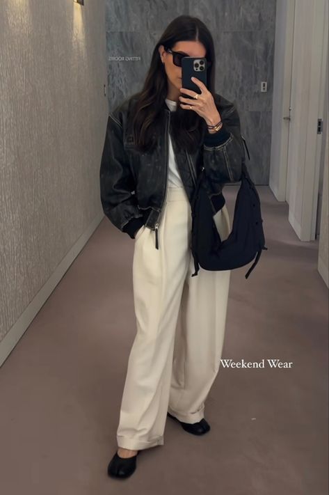 Nude Trousers Outfit, Nude Trousers, Tailored Pants Outfit, Trousers Outfit, Winter Pants Outfit, Grey Leather Jacket, Cream Trousers, Trouser Outfit, Grey Trousers