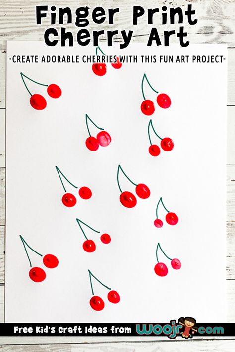 Fingerprint Cherry Art Project | Woo! Jr. Kids Activities Red Kindergarten Activities, Red Color Activity Preschool, Colour Activity Preschool, Red Colour Activity For Kids, Cherry Activities For Kids, Berry Activities Preschool, Red Color Activity For Kids, Fruit Art Projects For Kids, Colour Red Activities For Kids