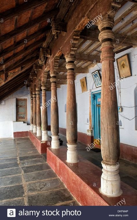 Traditional-south-indian-house-with-large-wooden-pillared-veranda- Indian Porch Design, Wooden Pillar Design Interior, Pillar Design Exterior, South Indian Traditional House, Village House Design Exterior, Pillar Design Exterior Entrance, Traditional South Indian House, South Indian House Design, Wooden Pillars Design