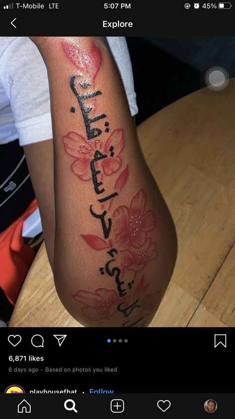 Red Forearm Tattoo Black Women, Loyalty In Arabic Tattoo, Red Tattoos For Women Dark Skin, Red Ink Arabic Tattoo, Red Flower Tattoo Black Women, Arabian Tattoo For Women, Islam Tattoo Ideas, Letter Arm Tattoo, Chinese Letter Tattoos On Arm