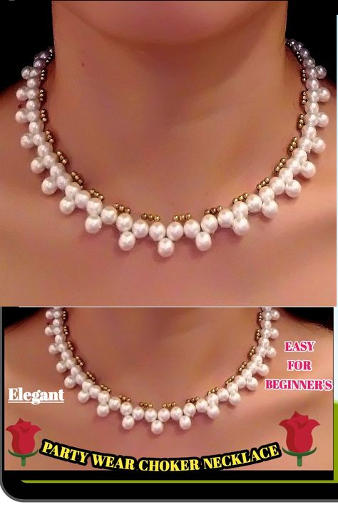 Pearl Necklace For Party, Simple Beaded Jewelry, Make Pearl Necklace, Free Necklace Patterns, Diy Beaded Necklace, Pearl Necklace Tutorial, Diy Necklace Designs, Diy Pearl Jewelry, Diy Pearl Necklace