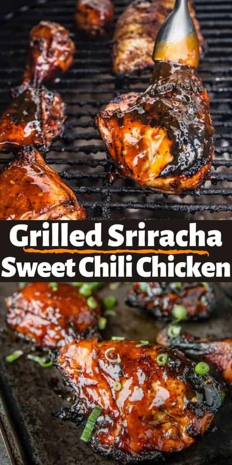 Grilled Sriracha Sweet Chili Chicken combines chicken pieces in a savory marinade, grilled to perfection, and then finished with a sweet chili glaze. #grilledchicken #srirachachicken #sweetchilichicken #vindulge Best Bbq Chicken, Spicy Grilled Chicken, Balsamic Vinegar Chicken, Sweet Chili Chicken, Sriracha Chicken, Chili Chicken, Bbq Chicken Recipes, Grill Recipes, Giada De Laurentiis