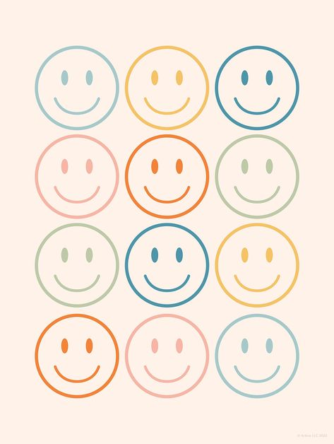 PRICES MAY VARY. Happy Faces Poster - Go retro with this aesthetic wall art print. Featuring a fun, nostalgic 60's and 70's style happy faces in colorful pastel palette. Premium Prints - Art poster measures 12x16 inches. Printed on cardstock with matte finish. Shipped flat in a sturdy mailer, does not include frame. Aesthetic Room Decor - Decorate your room with our trendy wall art prints to fit your aesthetic. Whether you're looking for a poster to add to your collection or heading to college a Smiley Face Room Aesthetic, Cute Retro Aesthetic, Colorful Retro Aesthetic Room, Fun Colorful Aesthetic, Happy Person Aesthetic, Sis Bates, Cute Aesthetic Posters, Trendy Posters For Room, Cute Wall Posters