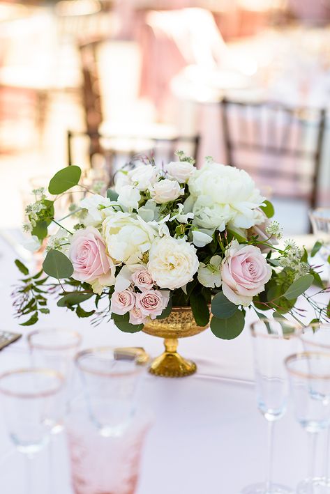 Blush Compote Centerpiece, White And Blush Centrepieces, Blush And Cream Wedding Centerpieces, Blush Wedding Centerpieces Romantic, Blush Pink And Gold Wedding Decorations, Peony Wedding Table Decor, Pink White Green Floral Centerpieces, Blush And Ivory Wedding Centerpieces, Blush Centerpieces