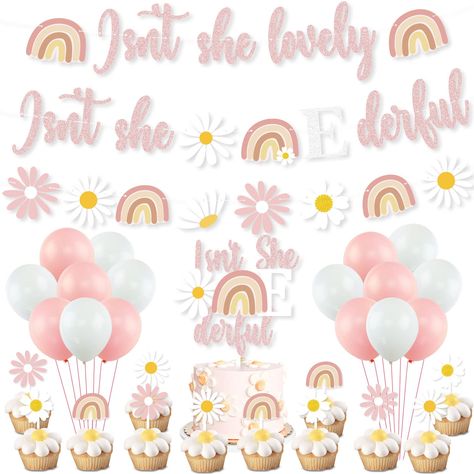 Daisy 1st Birthday Party, Isn't She Onederful, Birthday Party Decorations Pink, Daisy 1st Birthday, Rainbow Birthday Decorations, Party Decorations Pink, Rainbow Banner, Baby First Birthday Themes, Rainbow First Birthday