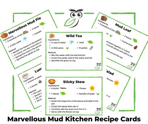 Mud Kitchen Printables, Mud Kitchen Recipe Cards Free, Mud Kitchen Recipe Cards, Mud Kitchen Recipes, Outdoor Provocations, Mud Recipe, Mud Play, Mud Kitchen For Kids, Kitchen Printables