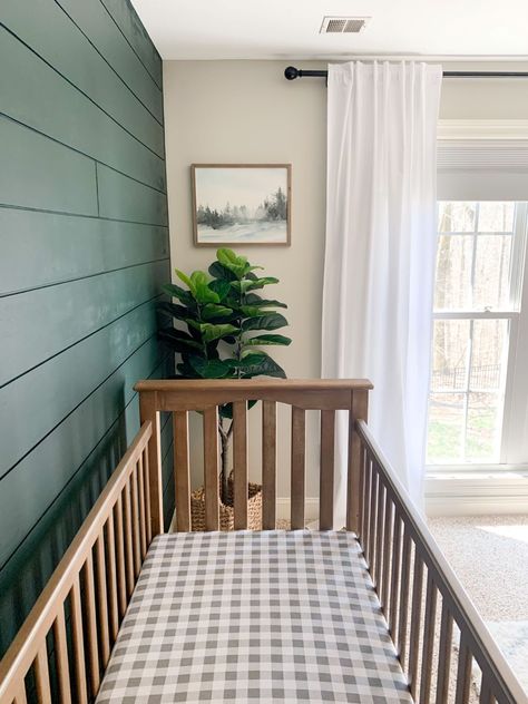 Grey Tan Green Nursery, Green Shiplap Wall Nursery, Green And Neutral Nursery, Boy Nursery Green Accent Wall, Dark Green Shiplap Wall, Hunter Green Nursery Boys, Dark Green Shiplap, Gray And Green Nursery, Olive Green Nursery Boy