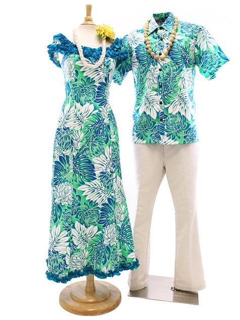 Aloha Outlet Exclusive! Men's Hawaiian Shirt Matching Hawaiian Outfits [Gradation Monstera / Aqua] Dress Hawaiian Style, Hawaiian Outfits, Luau Outfits, Island Style Clothing, Ruffle Long Dress, Hawaiian Fashion, Festival Outfits Women, Fiesta Tropical, Island Outfit