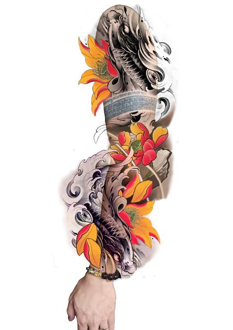 Koi Fish Sleeve Tattoo Design, Koi Lotus Tattoo Design, Japanese Koi Fish Tattoo Design Lotus Flowers, Japanese Full Sleeve Tattoo Design, Full Arm Tattoo Design, Japanese Full Sleeve, Tattoo Design Japanese, Tattoo Design Traditional, Koi Fish Tattoo Design