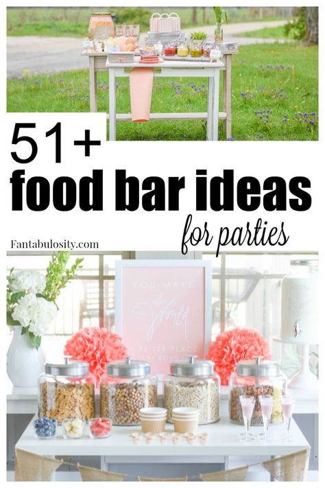 A HUGE list of food bar ideas for any type of party, plus ideas on how to style them. #foodbar #parties #partyideas Sweet 16 Food Table Ideas, Graduation Party Menu Ideas Buffet, Buffet Style Food Ideas, Sweet 16 Party Food Ideas, Food Bar Ideas For Parties, Food Station Ideas, Food Bar Ideas, Party Food Bars, Party Buffet Table