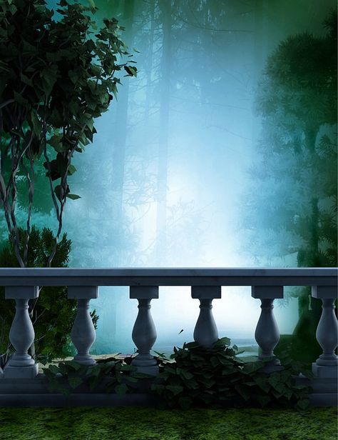 Who is standing here? Where is this place? #storysettinginspiration #storyinspiration  Blue, Balcony, Landscape, Atmosphere, Wood, Romantic Castle Balcony, Blue Balcony, Balcony Landscape, Digital Portfolio Template, Episode Backgrounds, Romantic Background, Background Design Vector, Misty Forest, Iphone Background Images