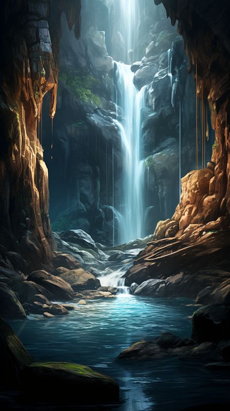 a realistic photo of a pit cave with waterfall Cave Behind Waterfall Art, Hidden Cave Behind Waterfall, Beautiful Caves Nature, Cave With Waterfall, Waterfall Cave Fantasy Art, Dragon Cave Art, Caves Fantasy Art, Fantasy Cave Entrance, Fantasy Cave Art