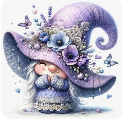 Gnome Screensavers, Female Gnome Painting, Purple Gnome, Girl Gnome Drawing, Spring Gnomes Wallpaper, Scary People, Purple Butterfly Wallpaper, Gnome Pictures, Christmas Scenery