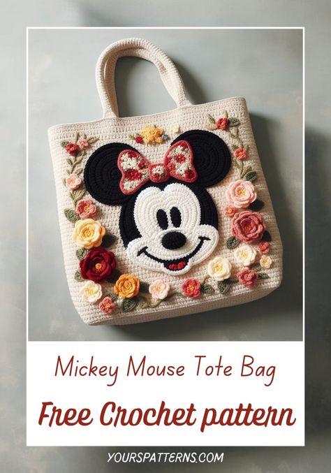 Mickey Mouse Tote Bag Crocheted Mickey Mouse, Disney Crochet Bag, Crochet Mickey Mouse Pattern Free, Mickey Mouse Crochet, Crochet A Bag, Miki Mouse, Easy Crochet Bag, Crochet Mickey Mouse, Minnie Mouse Bag