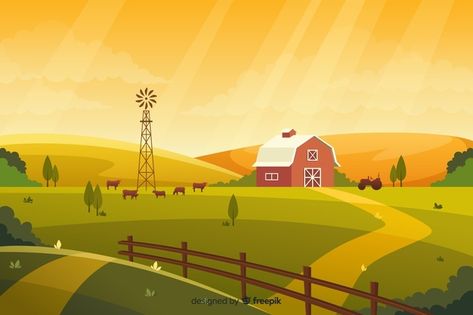 Agriculture Branding, Farm Cartoon, Lotus Flower Wallpaper, Farm Vector, Farm Landscape, Background Drawing, Farm Scene, Cartoon Background, Rural Landscape