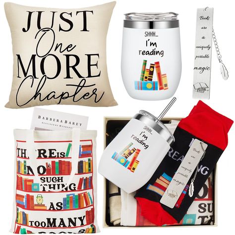 PRICES MAY VARY. Gifts for Book Lovers Set of 5: the package contains 1 library canvas tote bag, 1 book lover pillow case, 1 pair of socks, 1 bookmark, 1 insulated stainless steel wine tumbler with lid, 5 pcs in all, the various and functional set will win many praises from gift receivers, and show your care and love Inspirational and Warm Design: the book reader gifts boast a tastefully refined design, each adorned with heartfelt, motivating phrases that inspire readers to keep turning pages an Book Lover Gift Basket, Auction Basket Themes, Book Lovers Gift Basket, Book Lover Gift Ideas, Book Gift Basket, Book Gift Ideas, Gifts For Movie Lovers, Book Worms Humor, Gift Ideas For Book Lovers