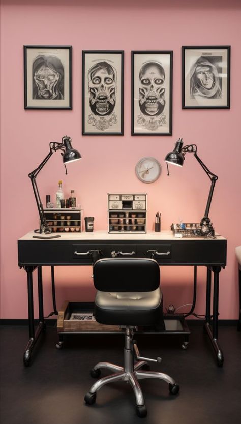 Tattoo Setup Station, Small Tattoo Studio Ideas, Studio Desing, Aurora Tattoo, Tattoo Shop Interior, Tattoo Shop Decor, Gaming Icon, Tattoo Studio Interior, Pastel Tattoo